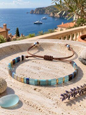 Tila Bead Bracelet Ocean Teal Olive Sand Coastal Glass Layering Adj 6-9"